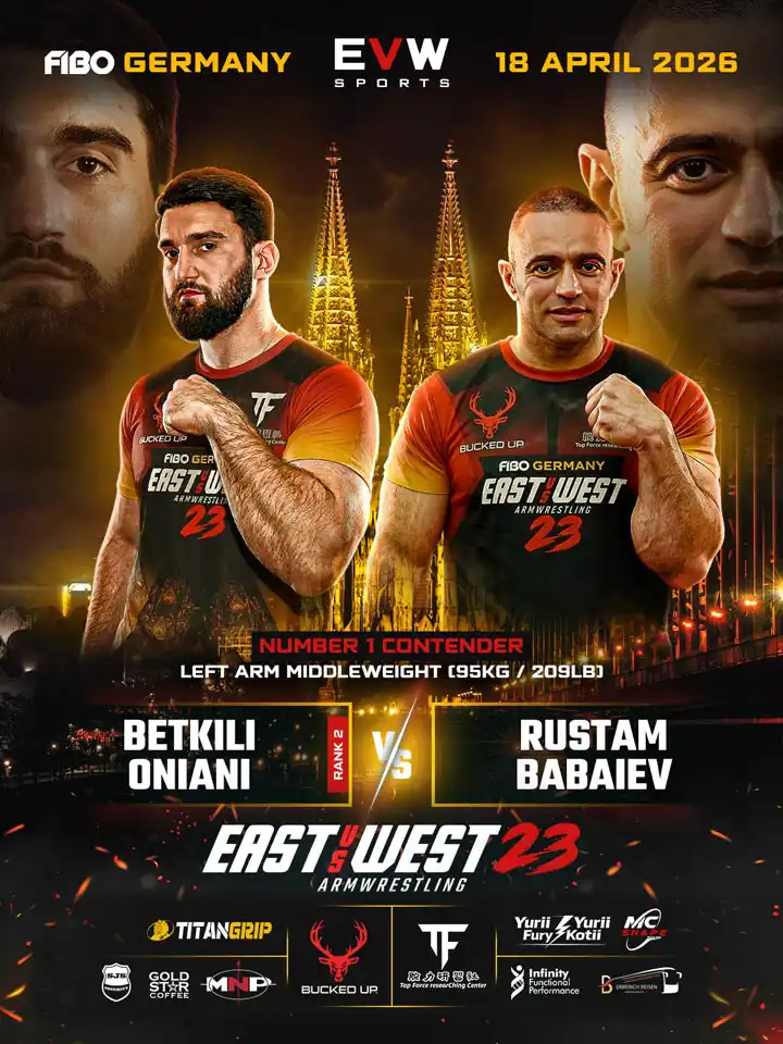 EVW 23 Kampfkarte mit Betkili Oniani gegen Rustam Babaiev im Left Arm Middleweight bis 95 kg um den Number 1 Contender Spot.
