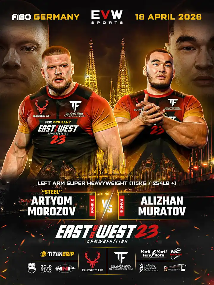 EVW 23 Poster mit Artyom Steel Morozov gegen Alizhan Muratov im Left Arm Super Heavyweight über 115 kg.