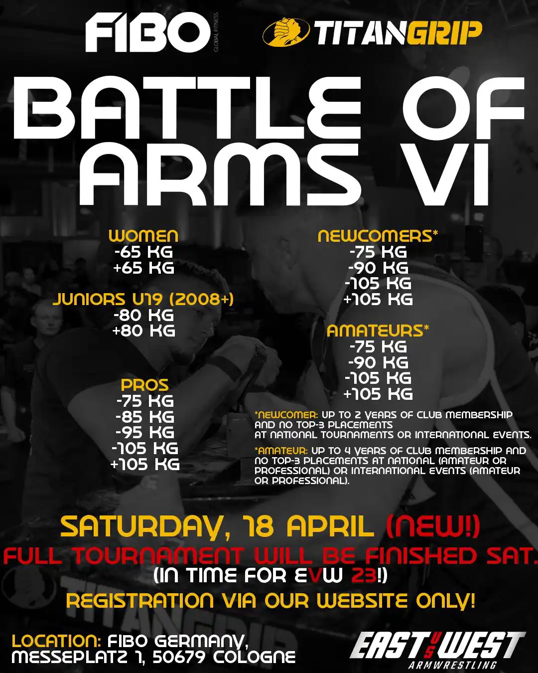 Battle of Arms VI Poster zur FIBO in Köln mit Klassen für Frauen, Junioren, Newcomer, Amateure und Profis am 18. April 2026.
