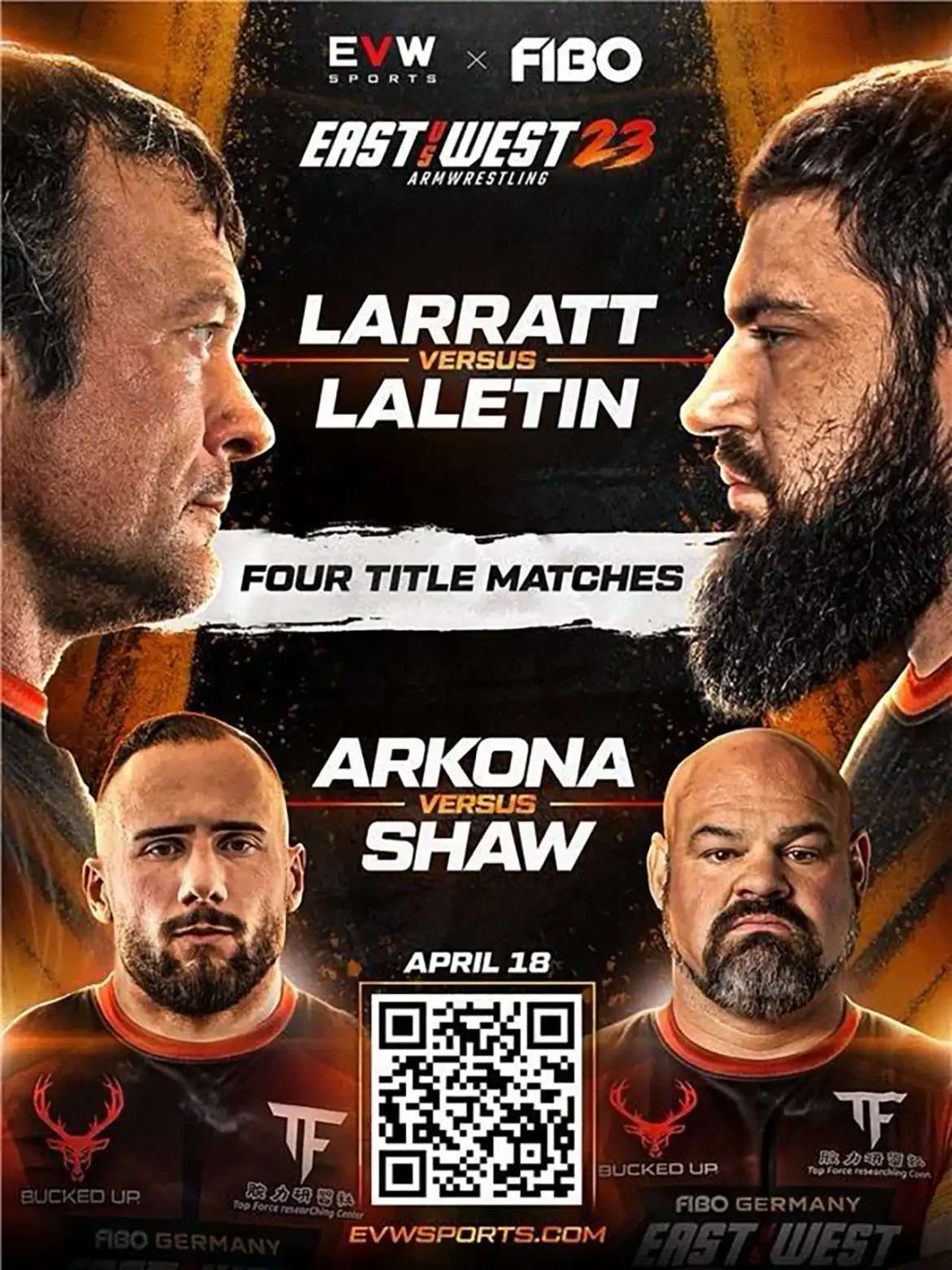 East vs West 23 Poster zur FIBO 2026 mit Devon Larratt gegen Vitaly Laletin sowie Leonidas Arkona gegen Brian Shaw am 18. April in NRW.