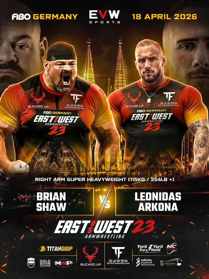 EVW 23 Kampfkarte mit Brian Shaw gegen Leonidas Arkona im Right Arm Super Heavyweight über 115 kg am 18. April 2026.