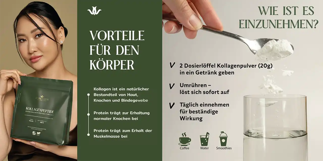 JuniKa Natur Kollagenpeptide mit Anwendungshinweisen und Vorteilen für Haut, Knochen und Muskeln
