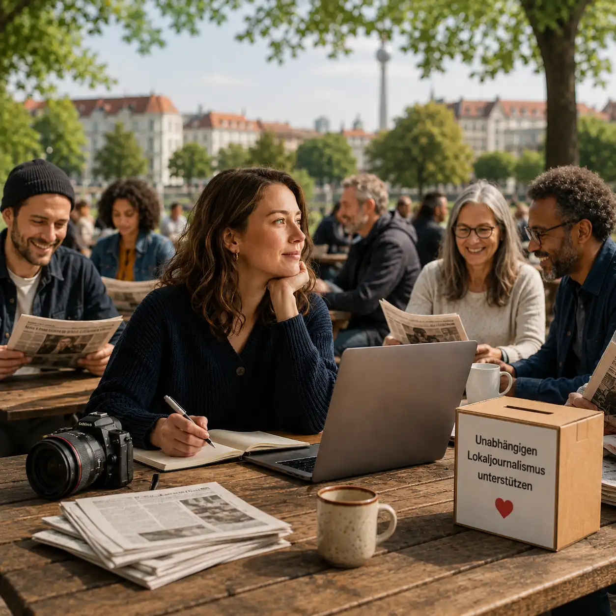 City-NEWS-Journalistin mit Leserinnen und Lesern im Stadtpark