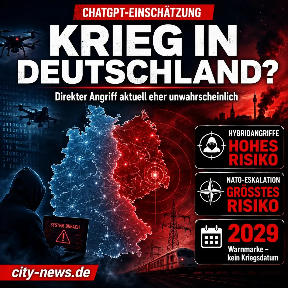 Illustration zur Einschätzung eines möglichen Krieges in Deutschland mit Deutschlandkarte, Cyberangriff-Symbolik, Drohnen und Hinweis auf hybride Bedrohungen sowie das Jahr 2029 als Warnmarke.