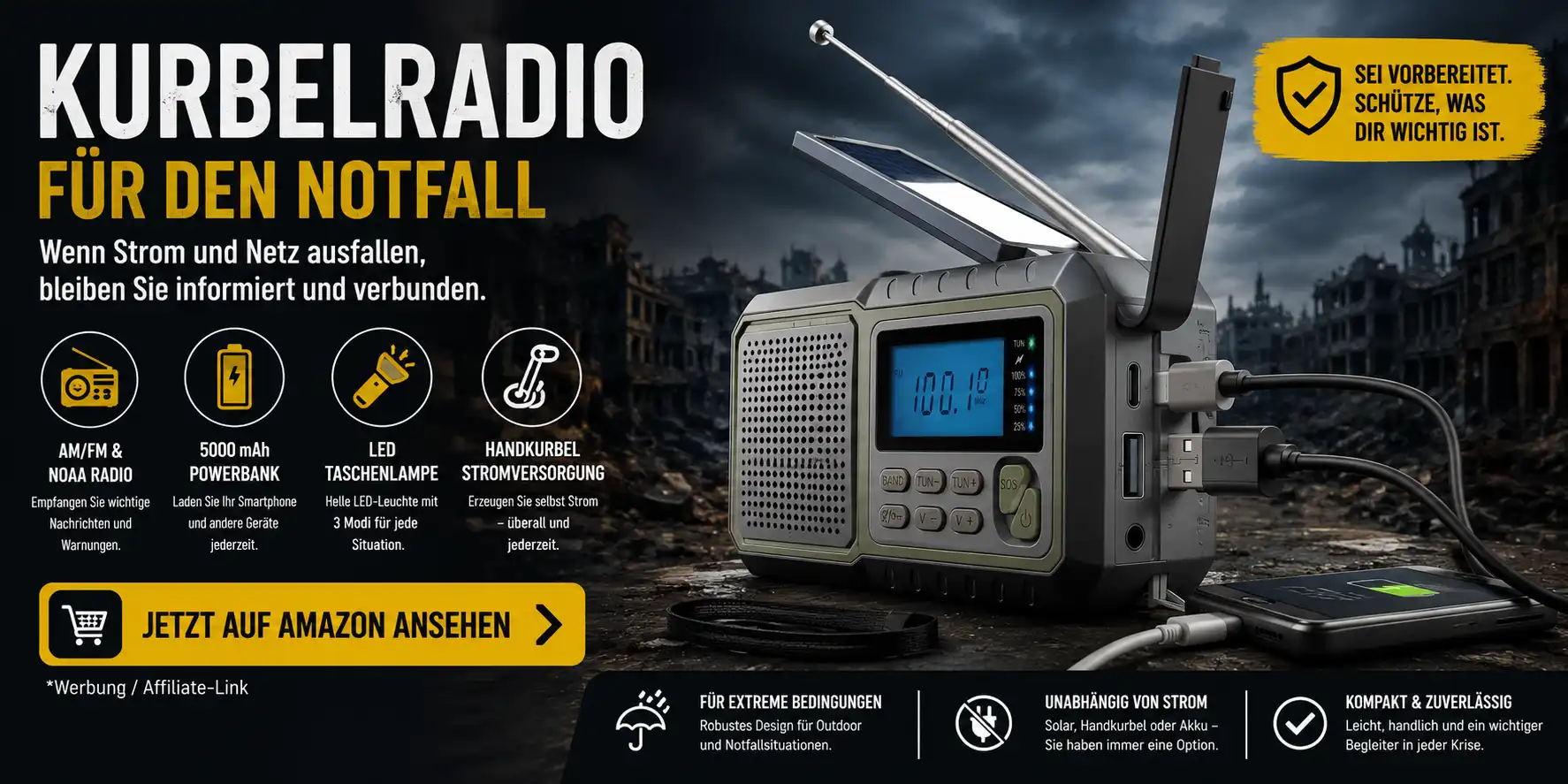 Kurbelradio zur Notfallvorsorge bei Strom- und Netzausfällen. *Werbung / Affiliate-Link Kurbelradio zur Notfallvorsorge mit Antenne, Solarpanel, Handkurbel und USB-Anschlüssen