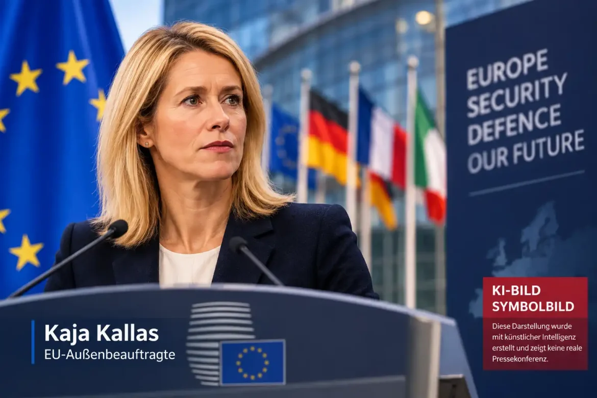 KI-generiertes Symbolbild von Kaja Kallas bei einer fiktiven EU-Pressekonferenz zum Thema europäische Verteidigung