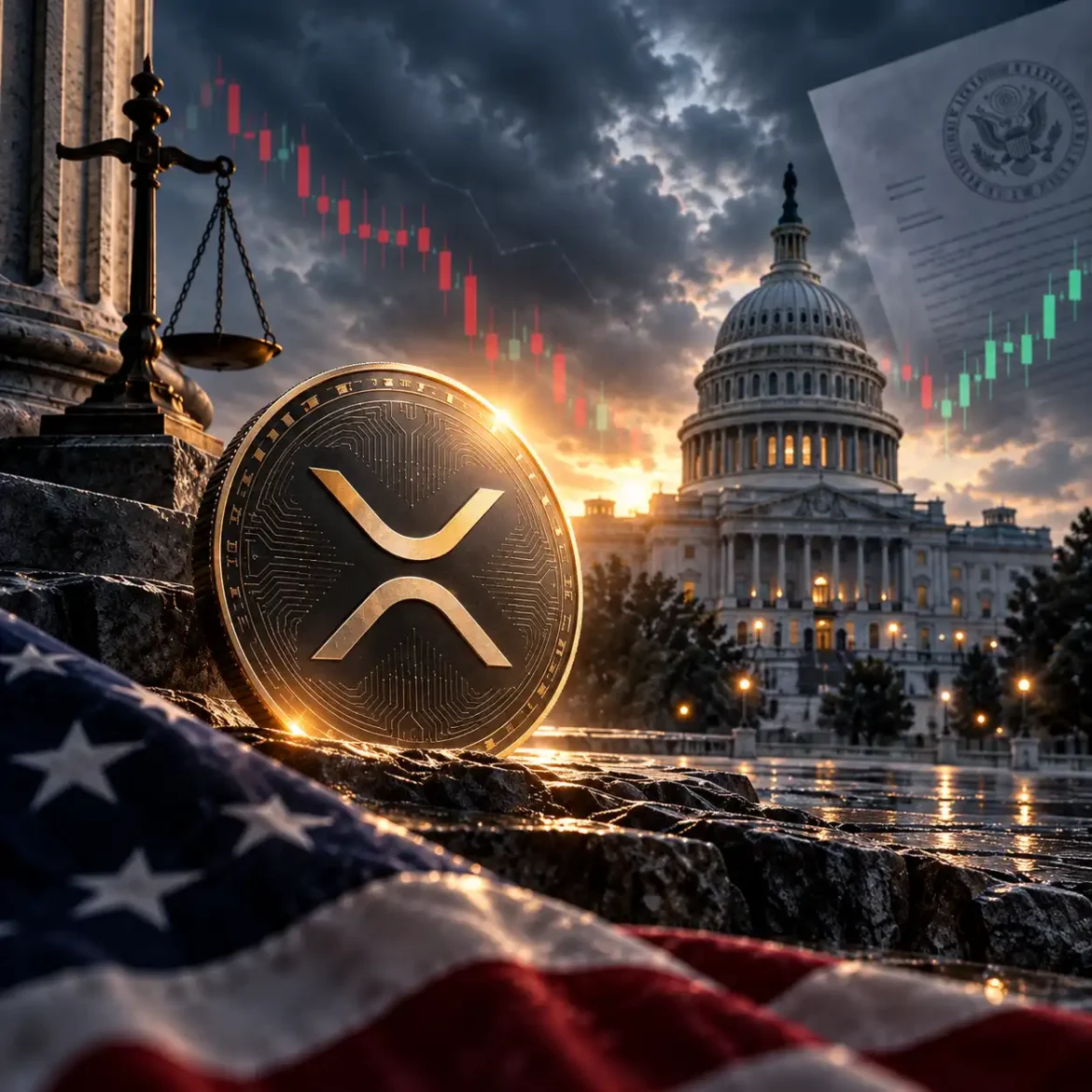 XRP vor dem US-Kapitol mit Kurschart und Symbolen für Krypto-Regulierung