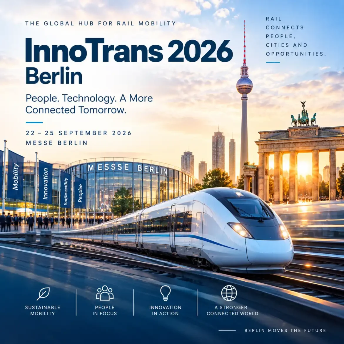 KI-generierte Illustration zur InnoTrans 2026 in Berlin mit Hochgeschwindigkeitszug, Messe Berlin, Fernsehturm und Brandenburger Tor.