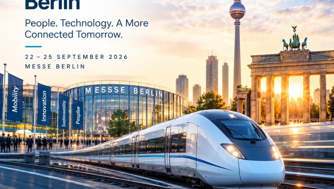 KI-generierte Illustration zur InnoTrans 2026 in Berlin mit Hochgeschwindigkeitszug, Messe Berlin, Fernsehturm und Brandenburger Tor.