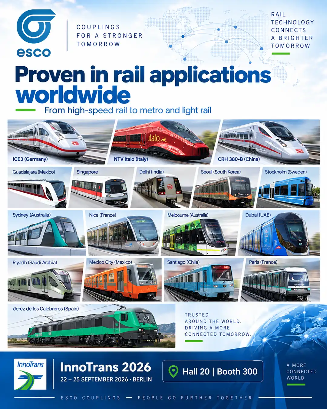 Weltweite Rail-Anwendungen von ESCO Couplings mit ICE3, Italo sowie Metro- und Light-Rail-Fahrzeugen aus mehreren Ländern.